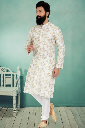 Reception Wear Readymade Printed Cream Color Fancy Fabric Kurta Pyjama For Men