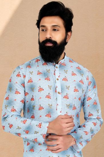 Light Blue Color Fancy Fabric Function Wear Readymade Printed Kurta Pyjama For Men