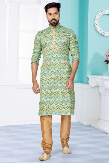 Fancy Fabric Sea Green Color Festive Wear Readymade Men Stylish Printed Kurta Pyjama