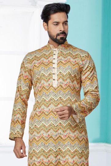Cream Fancy Fabric Sangeet Wear Trendy Readymade Printed Kurta Pyjama For Men