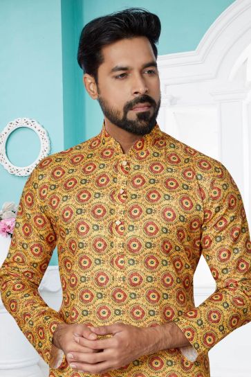 Fancy Mustard Color Wedding Wear Readymade Designer Men Printed Kurta Pyjama