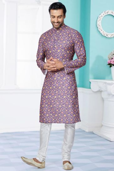 Stunning Purple Color Function Wear Readymade Men Printed Kurta Pyjama