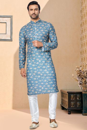 Festive Wear Blue Color Readymade Lovely Printed Kurta Pyjama For Men