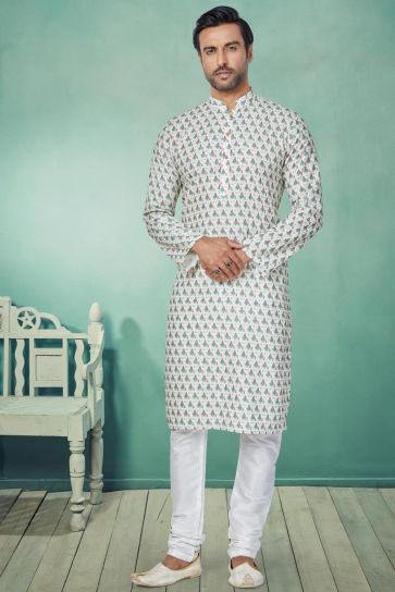 Pretty Fancy Fabric Sangeet Wear Readymade Men Printed Kurta Pyjama In White Color