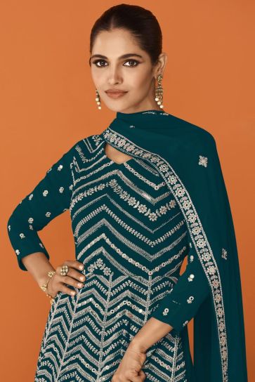 Vartika Singh Georgette Anarkali Suit in Teal Color