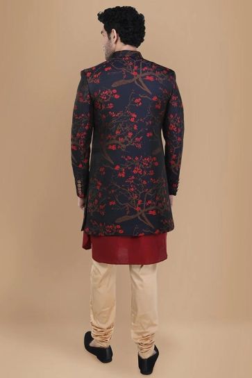 Navy Blue Jacquard Silk Fabric Wedding Wear Trendy Readymade Indo Western For Men