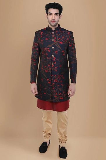 Navy Blue Jacquard Silk Fabric Wedding Wear Trendy Readymade Indo Western For Men