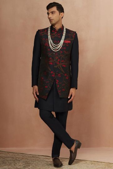 Jacquard Silk Black Wedding Wear Readymade Lovely Men Indo Western With Jacket