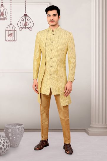 Beige Jacquard Indo Western for the Bold and Confident Men