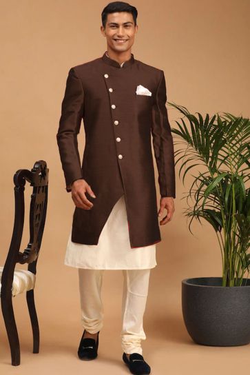 Brown Color Readymade Indo Western For Men In Charming Art Silk Fabric