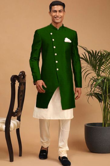 Blazing Green Color Art Silk Fabric Readymade Indo Western For Men