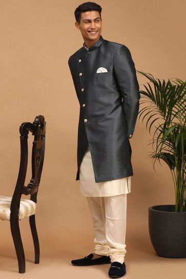 Art Silk Fabric Grey Color Lavish Readymade Indo Western For Men