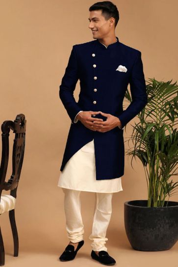 Navy Blue Color Splendid Readymade Indo Western For Men In Art Silk Fabric