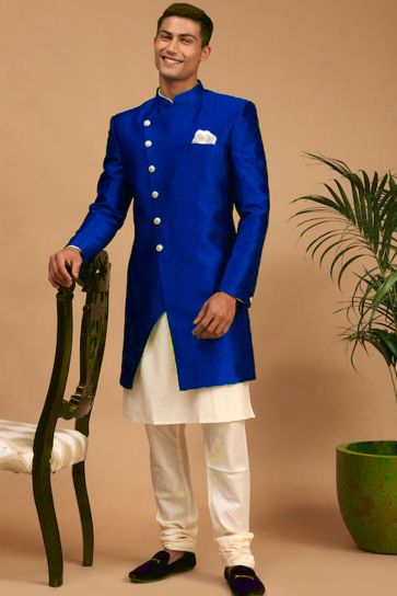 Art Silk Fabric Brilliant Readymade Indo Western For Men In Blue Color