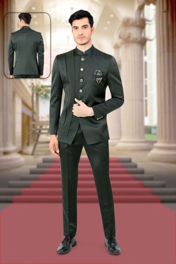 Stunning Dark Green Color Readymade Jodhpuri Suit In Rayon And Satin Fabric