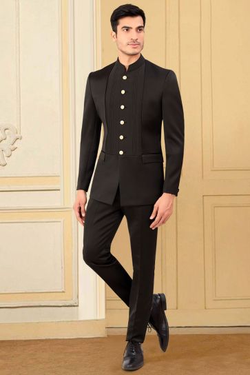 Blissful Black Color Rayon And Satin Fabric Jodhpuri Suit