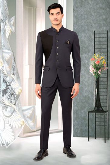 Attractive Grey Color Readymade Jodhpuri Suit In Rayon Fabric