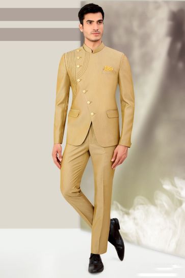 Enriching Beige Color Readymade Rayon Fabric Jodhpuri Suit