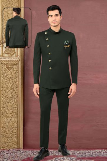 Graceful Green Color Rayon Fabric Readymade Jodhpuri Suit