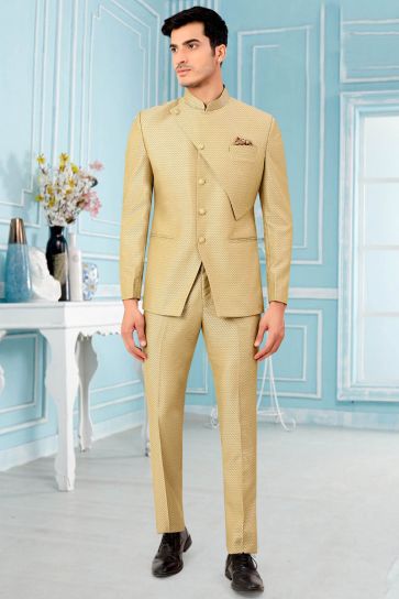 Trendy Textured Cream Color Rayon Fabric Jodhpuri Suit