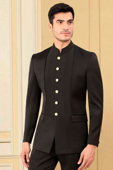 Trendy Textured Black Color Rayon And Satin Fabric Wedding Style Jodhpuri Jacket