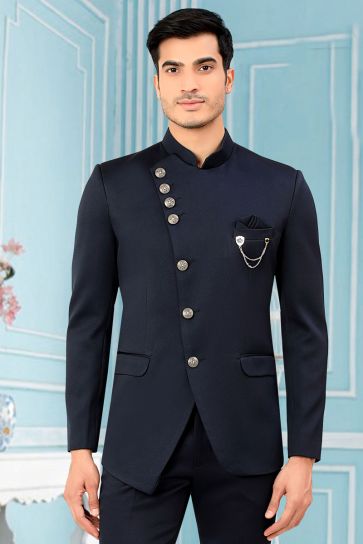 Navy Blue Color Wedding Style Provocative Jodhpuri Jacket In Rayon Fabric