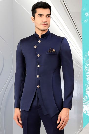 Captivating Rayon And Satin Fabric Wedding Style Jodhpuri Jacket In Blue Color