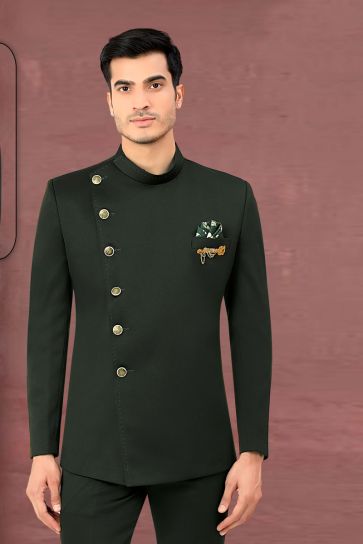Engaging Green Color Rayon Fabric Jodhpuri Jacket In Wedding Style