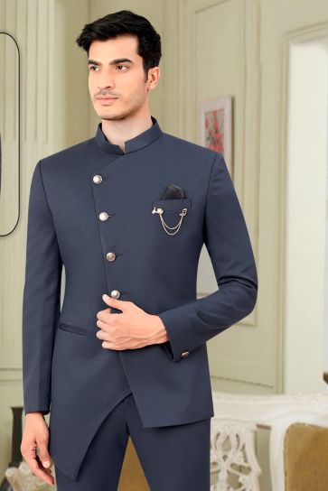 Adorning Blue Color Rayon Fabric Wedding Style Jodhpuri Jacket