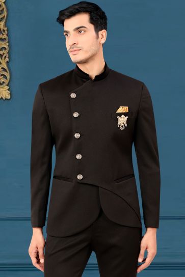 Sober Rayon Fabric Wedding Style Jodhpuri Jacket In Black Color