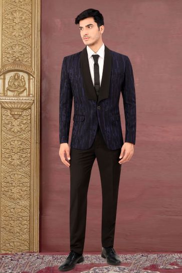 Rayon Fabric Brilliant Function Wear Readymade Tuxedo Suit In Blue Color
