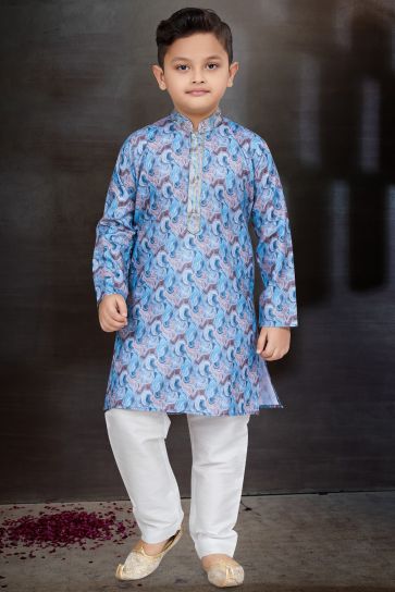Sangeet Function Wear Cotton Fabric Blue Color Readymade Kurta Pyjama For Boys