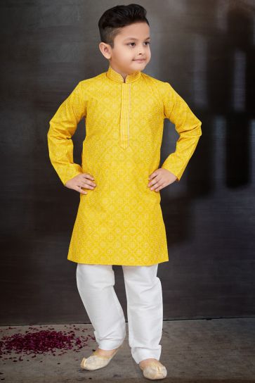 Traditional Wear Cotton Fabric Yellow Color Fancy Readymade Kurta Pyjama For Boys