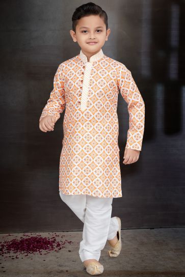 Orange Color Traditional Wear Cotton Fabric Fancy Readymade Kurta Pyjama For Boys