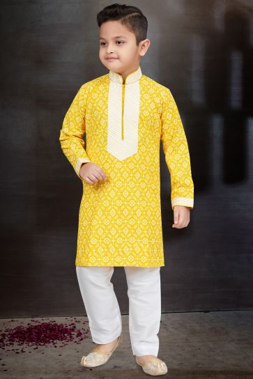 Traditional Wear Cotton Fabric Fancy Readymade Kurta Pyjama For Boys In Yellow Color