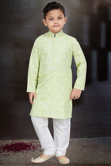 Occasion Wear Trendy Readymade Kurta Pyjama For Boys In Sea Green Color Cotton Fabric