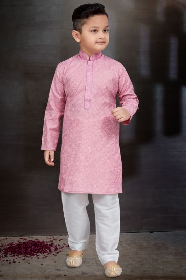 Cotton Fabric Pink Color Occasion Wear Readymade Boys Kurta Pyjama