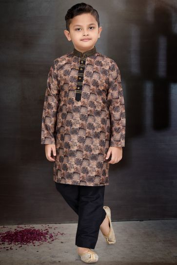 Occasion Wear Cotton Fabric Designer Readymade Kurta Pyjama For Boys In Brown Color