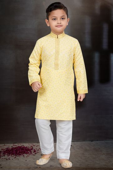 Sangeet Function Wear Designer Readymade Kurta Pyjama For Boys In Cotton Fabric Yellow Color