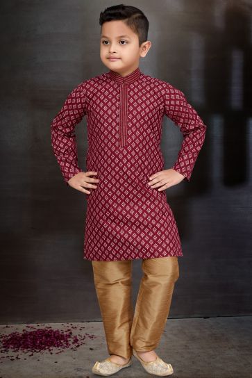 Maroon Color Cotton Fabric Sangeet Function Wear Boys Designer Readymade Kurta Pyjama