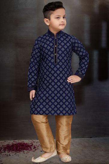 Sangeet Function Wear Navy Blue Color Cotton Fabric Stylish Readymade Kurta Pyjama For Boys