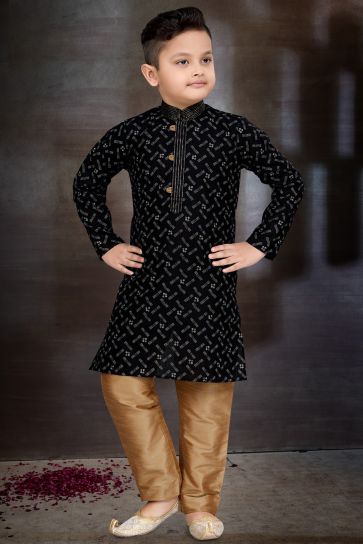Black Color Function Wear Cotton Fabric Stylish Readymade Kurta Pyjama For Boys