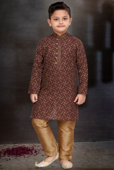 Sangeet Function Wear Cotton Fabric Brown Color Readymade Kurta Pyjama For Boys