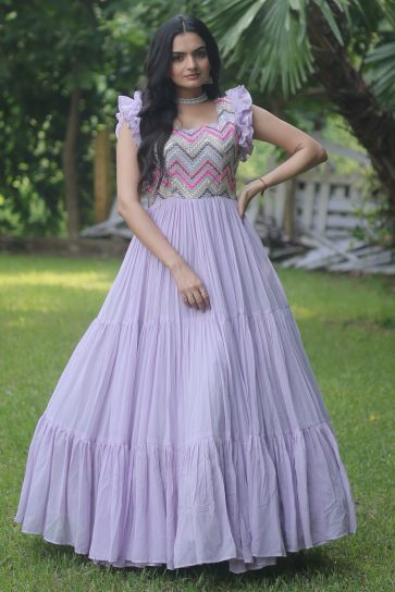 Georgette Fabric Lavender Color Embroidered Readymade Long Anarkali Style Gown
