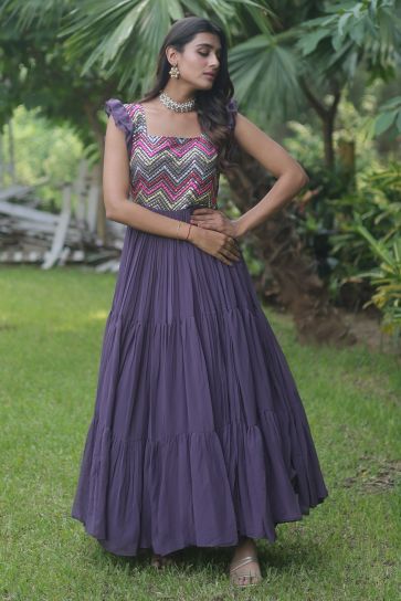 Purple Color Georgette Fabric Embroidered Readymade Long Anarkali Style Gown