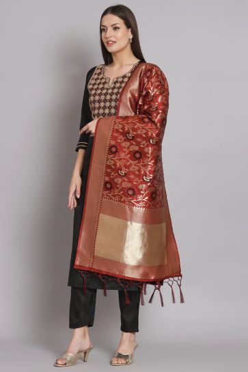 Black Color Embroidered Art Silk Fabric Readymade Designer Salwar Suit With Banarasi Silk Dupatta
