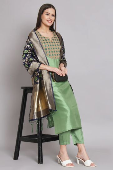 Embroidered Sea Green Color Art Silk Fabric Readymade Designer Suit With Banarasi Silk Dupatta