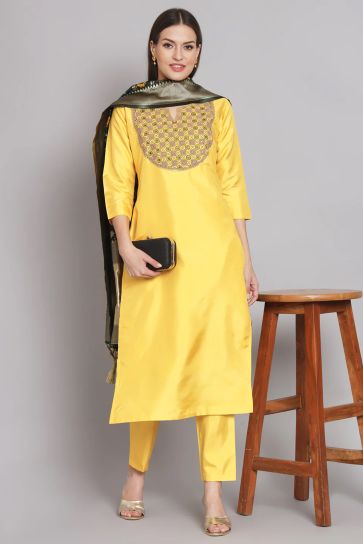 Yellow Color Embroidered Art Silk Fabric Readymade Designer Salwar Kameez With Banarasi Silk Dupatta