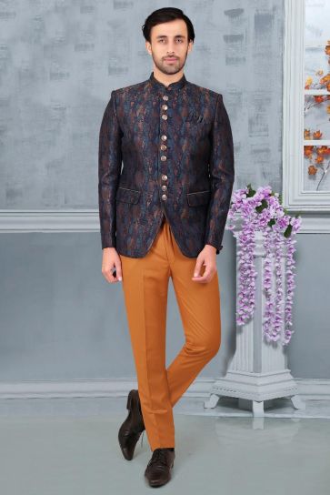Men Navy Blue Color Ultra Slim Fit Solid Wedding Wear Readymade Jodhpuri