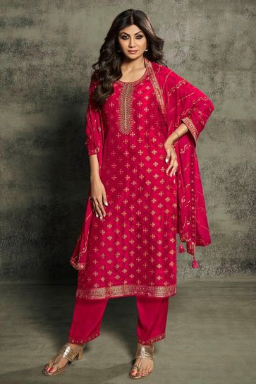 Shilpa Shetty Rani Color Embroidered Designer Straight Cut Long Salwar Suit